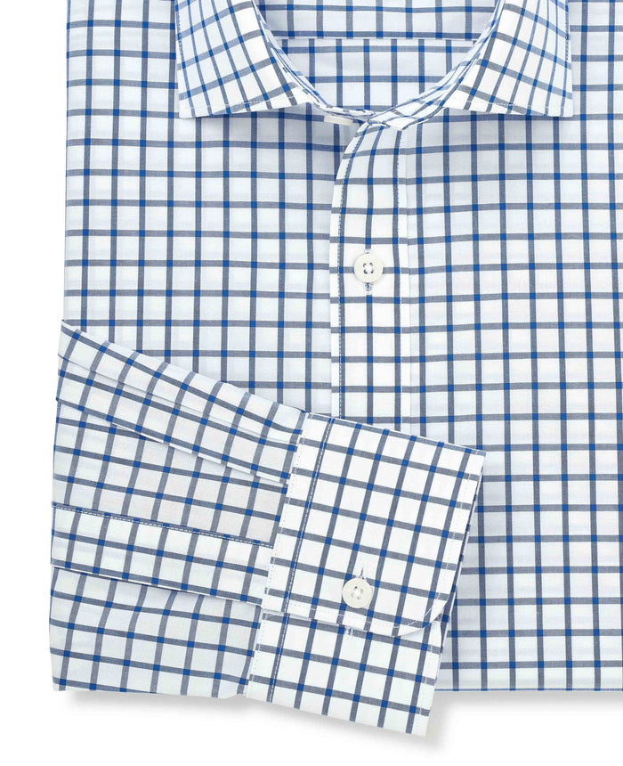 Men's Blue White Cotton Poplin Window Check Slim Fit Formal Shirt With Single Cuffs sleeve detail