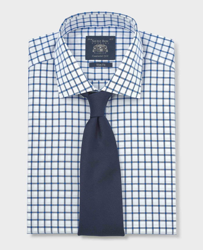 Men's Blue White Cotton Poplin Window Check Slim Fit Formal Shirt With Single Cuffs folded shot