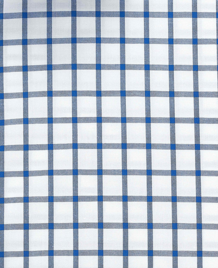 Men's Blue White Cotton Poplin Window Check Slim Fit Formal Shirt With Single Cuffs fabric detail