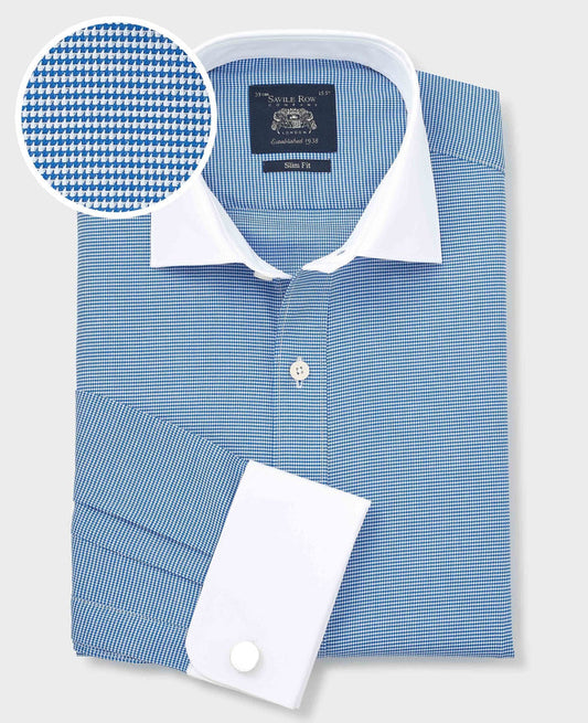 Men's Blue White Cotton Puppytooth Slim Fit Winchester Formal Shirt With Double Cuffs folded shot