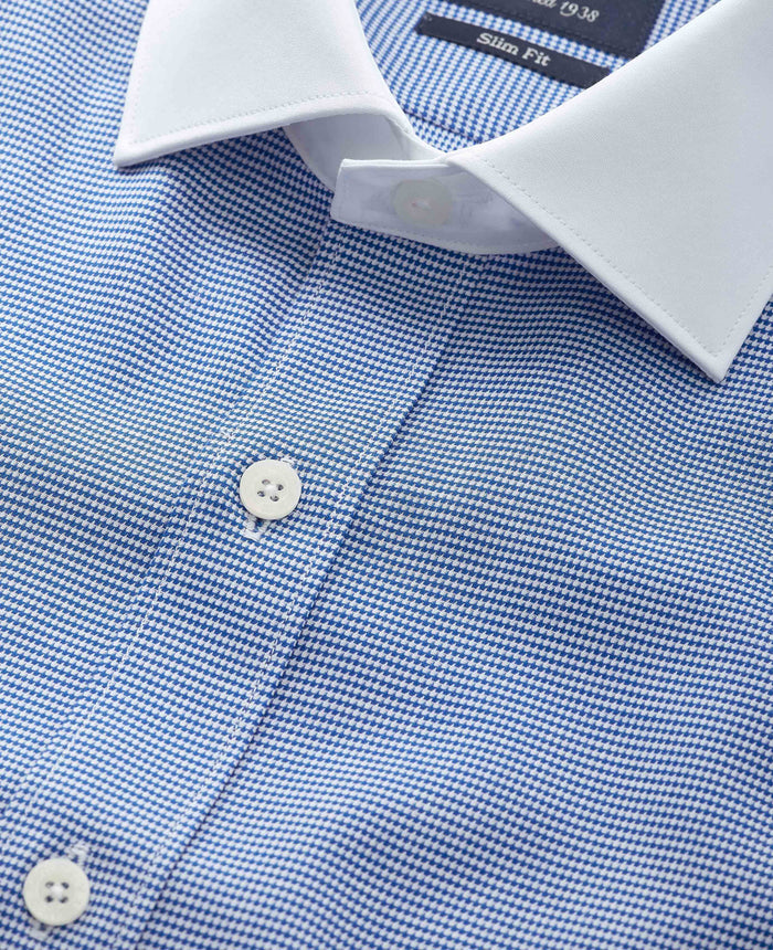 Men's Blue White Cotton Puppytooth Slim Fit Winchester Formal Shirt With Double Cuffs collar detail