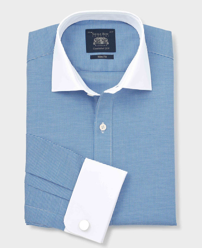 Men's Blue White Cotton Puppytooth Slim Fit Winchester Formal Shirt With Double Cuffs folded