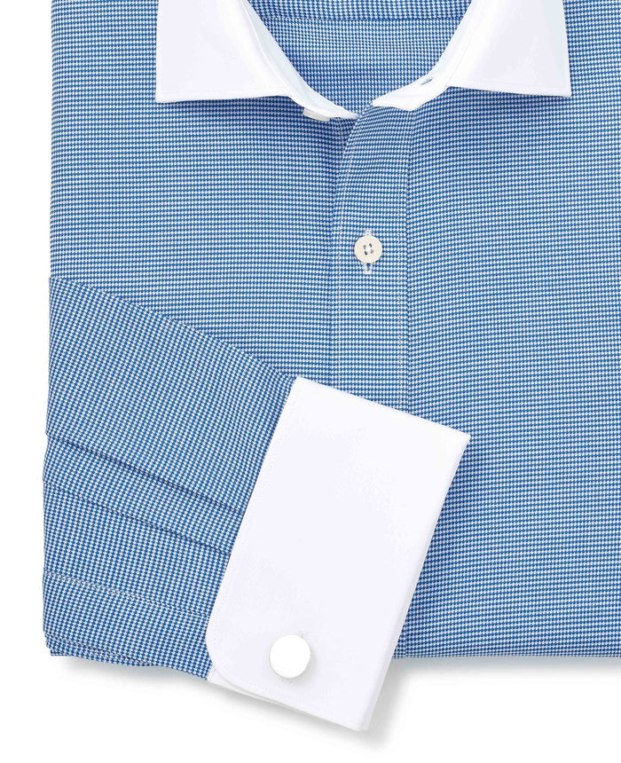 Men's Blue White Cotton Puppytooth Slim Fit Winchester Formal Shirt With Double Cuffs sleeve detail
