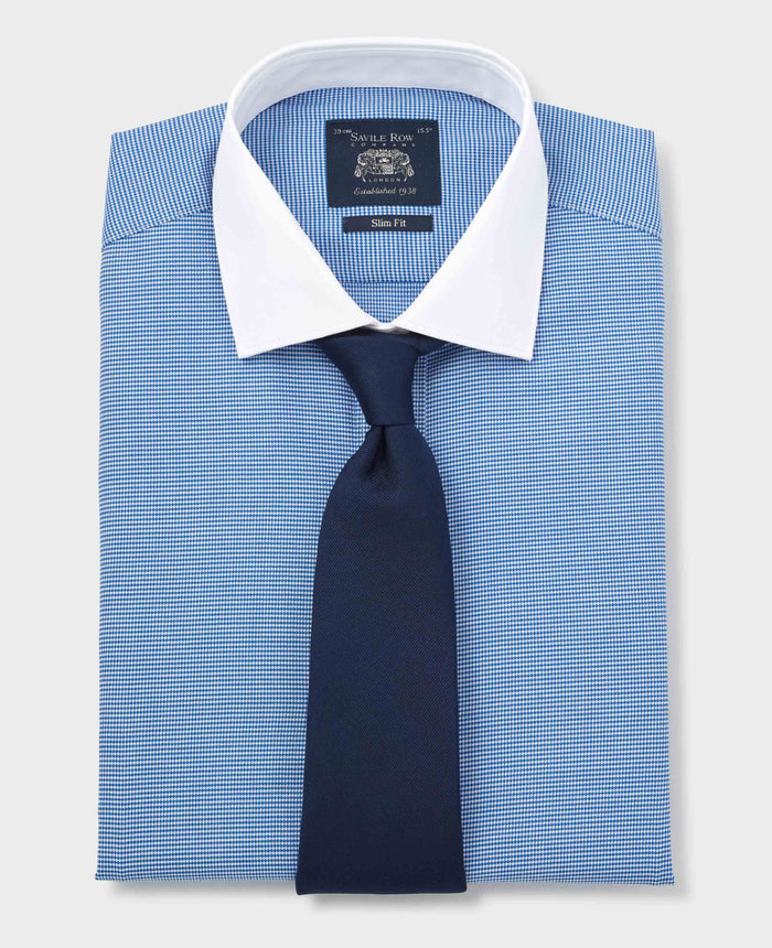 Men's Blue White Cotton Puppytooth Slim Fit Winchester Formal Shirt With Double Cuffs folded with tie