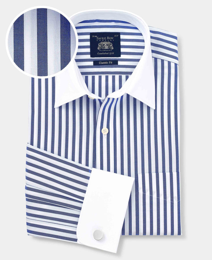 Men's Blue White Cotton Striped Classic Fit Winchester Formal Shirt With Double Cuffs with fabric swatch
