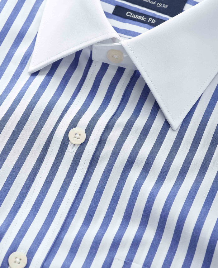 Men's Blue White Cotton Striped Classic Fit Winchester Formal Shirt With Double Cuffs collar detail