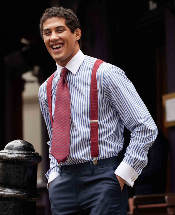 Men's Blue White Cotton Striped Classic Fit Winchester Formal Shirt With Double Cuffs model shot