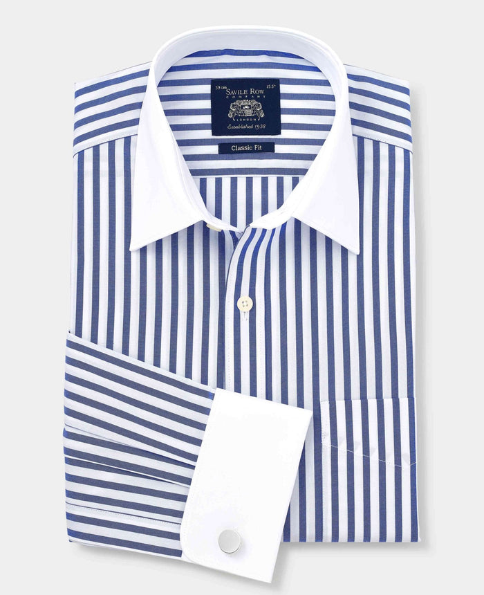 Men's Blue White Cotton Striped Classic Fit Winchester Formal Shirt With Double Cuffs folded