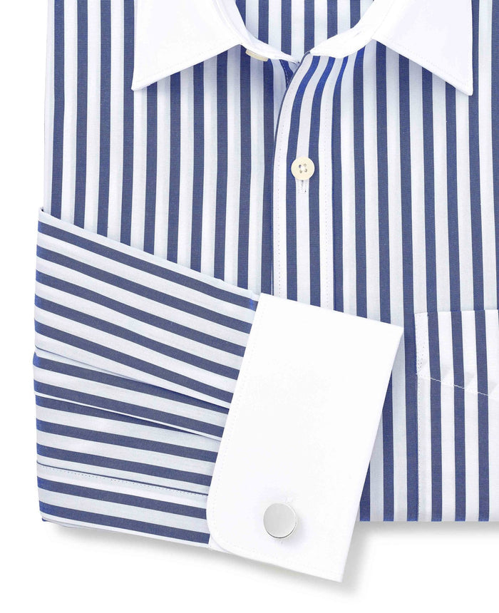 Men's Blue White Cotton Striped Classic Fit Winchester Formal Shirt With Double Cuffs sleeve detail