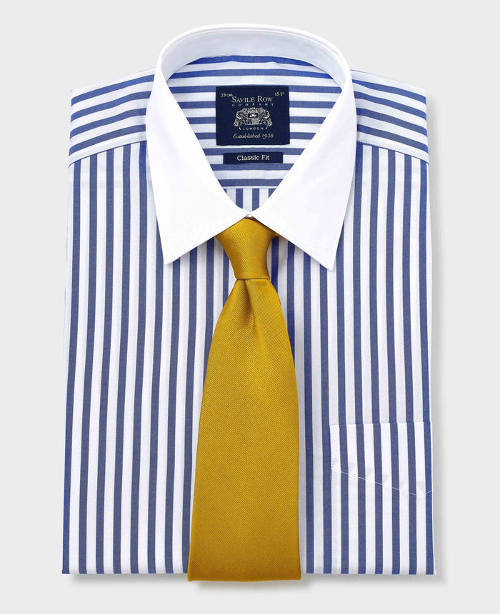 Men's Blue White Cotton Striped Classic Fit Winchester Formal Shirt With Double Cuffs folded with tie