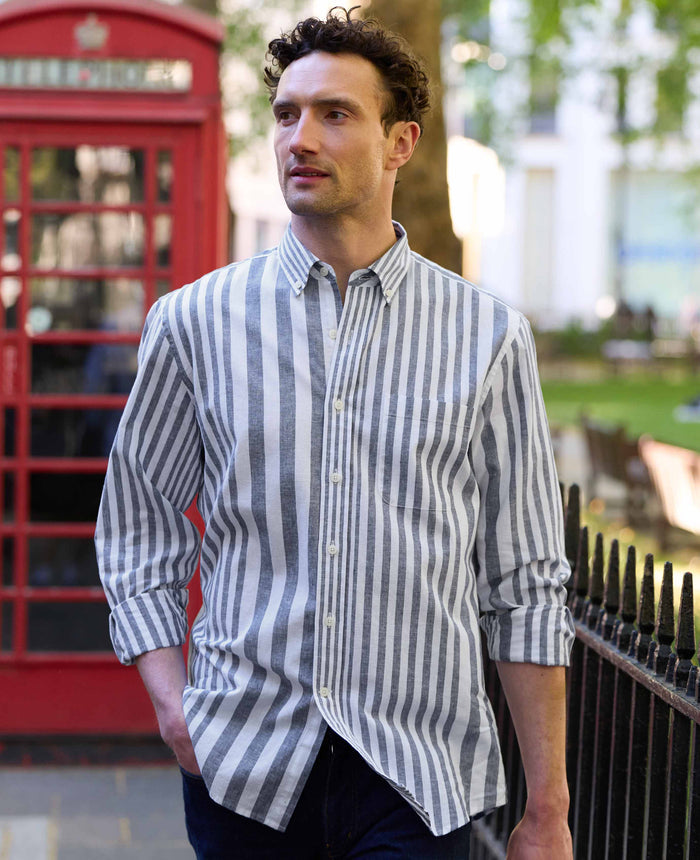 Blue White Linen Cotton Random Stripe Classic Fit Button-Down Casual Shirt