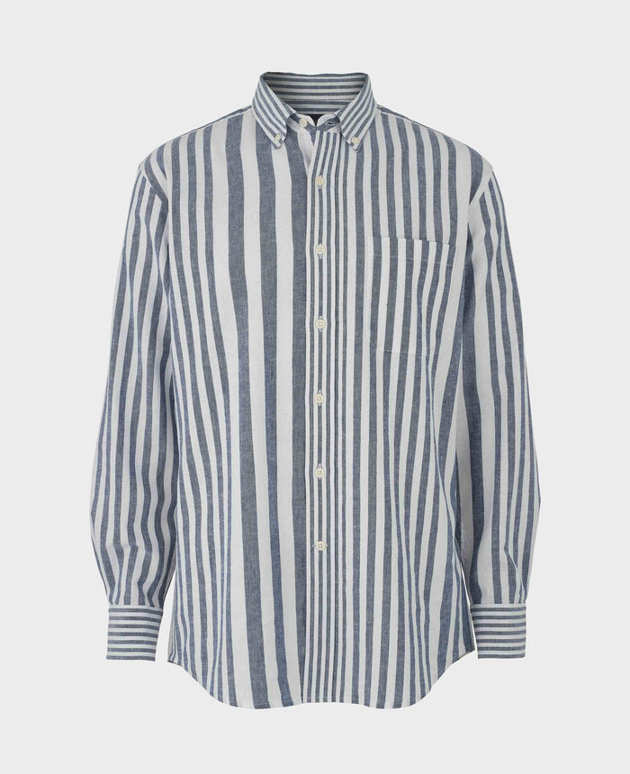 Men's Blue White Linen Cotton Random Stripe Classic Fit Casual Shirt mannequin shot