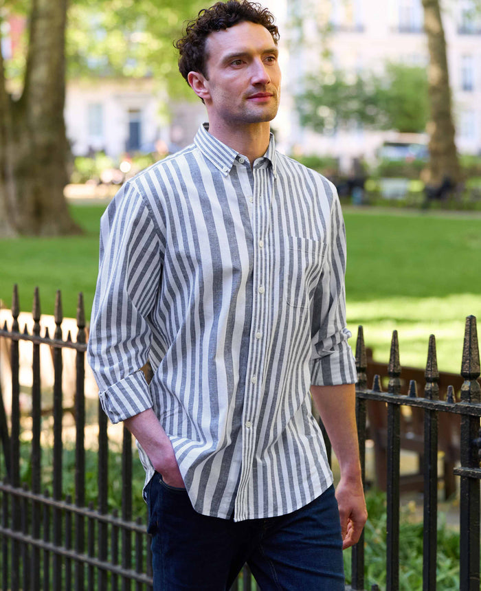 Blue White Linen Cotton Random Stripe Classic Fit Button-Down Casual Shirt