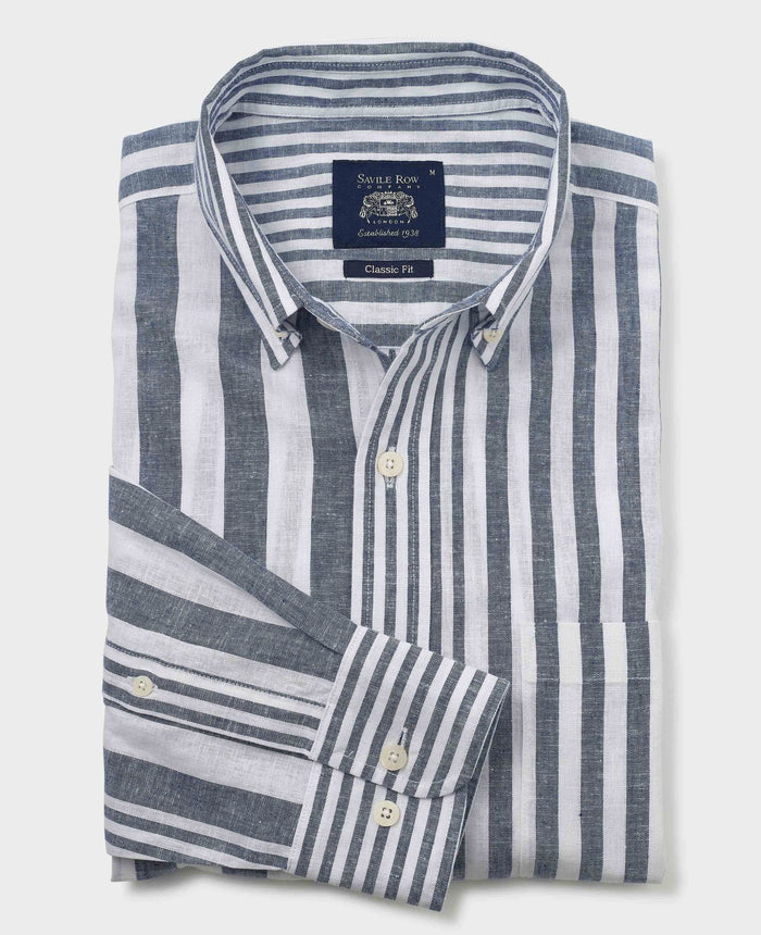 Men's Blue White Linen Cotton Random Stripe Classic Fit Casual Shirt folded shot