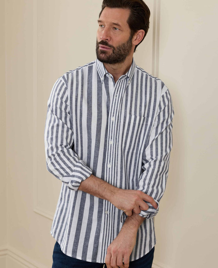 Men's Blue White Linen Cotton Random Stripe Classic Fit Casual Shirt model shot