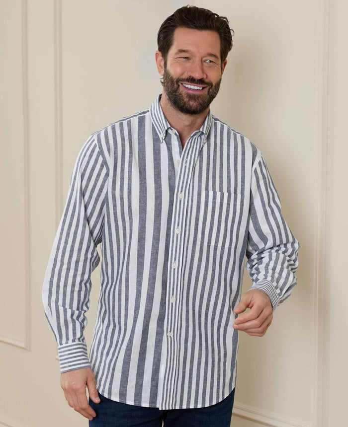 Men's Blue White Linen Cotton Random Stripe Classic Fit Casual Shirt model shot