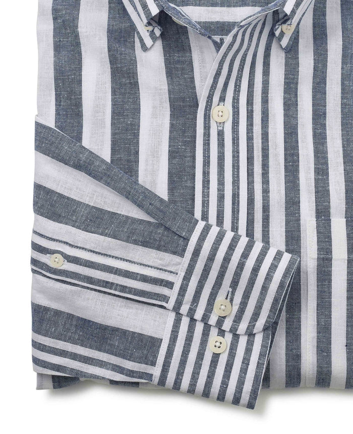 Men's Blue White Linen Cotton Random Stripe Classic Fit Casual Shirt sleeve detail