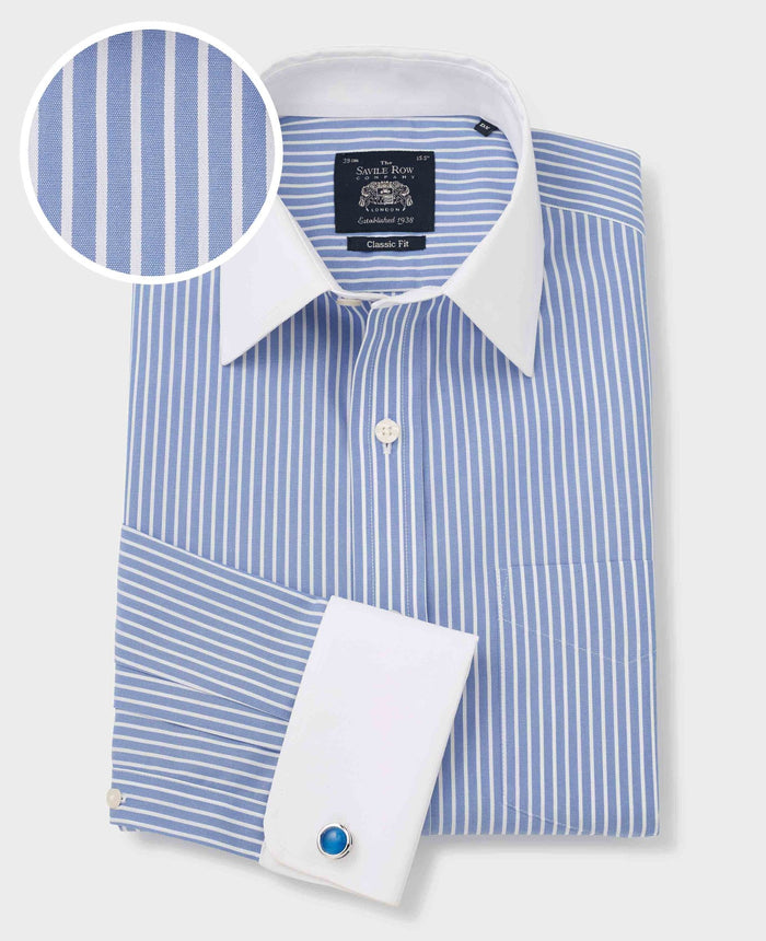 Men's Blue White Stripe Non-Iron Classic Fit Winchester Formal Shirt With Double Cuffs with fabric swatch