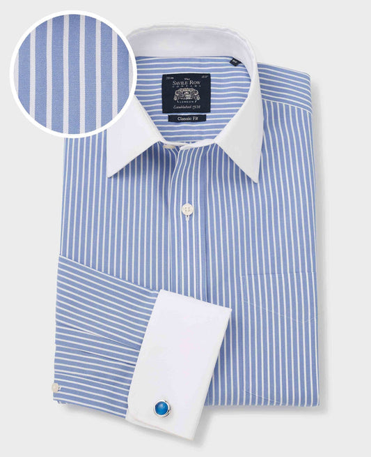Men's Blue White Stripe Non-Iron Classic Fit Winchester Formal Shirt With Double Cuffs with fabric swatch