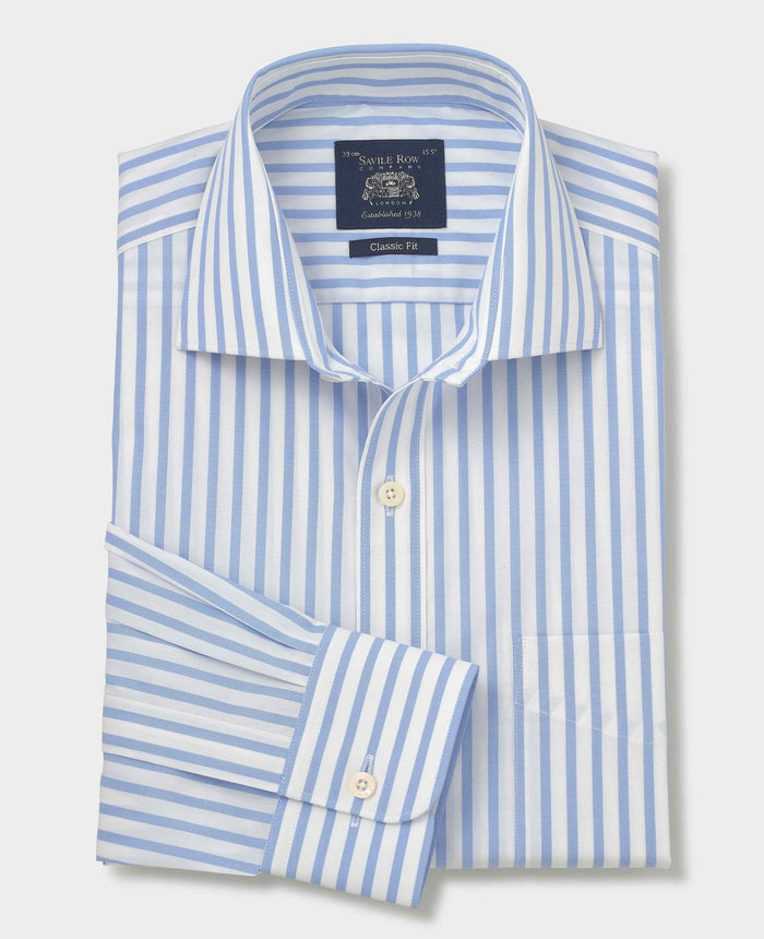 Men's Blue White Stripe Cotton Poplin Classic Fit Formal Shirt With Single Cuffs folded shot