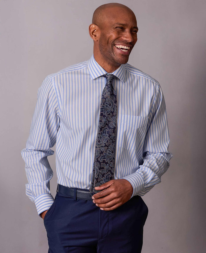 Men's Blue White Stripe Cotton Poplin Classic Fit Formal Shirt With Single Cuffs model shot