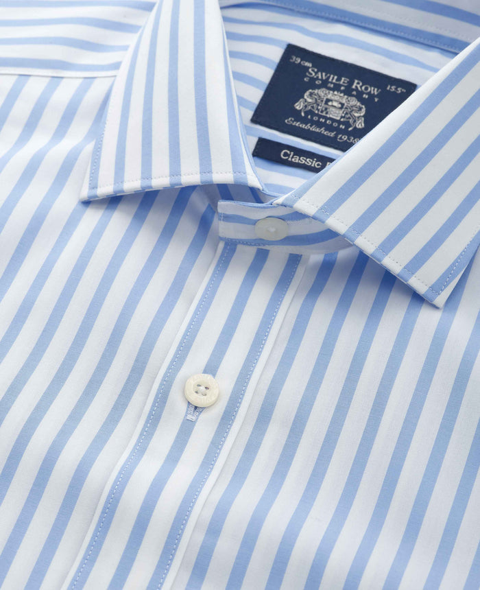 Men's Blue White Stripe Cotton Poplin Classic Fit Formal Shirt With Single Cuffs collar detail
