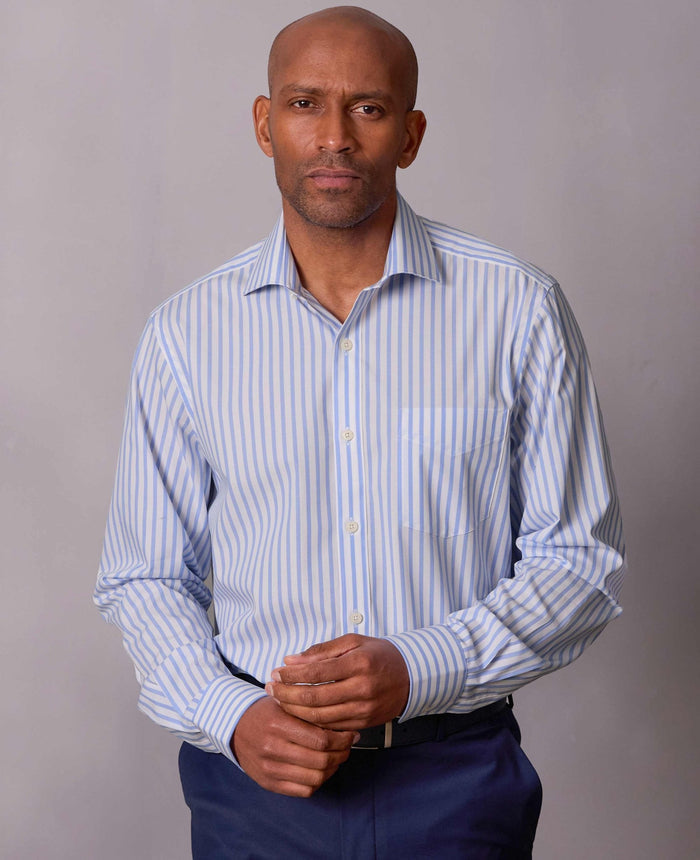Men's Blue White Stripe Cotton Poplin Classic Fit Formal Shirt With Single Cuffs model shot
