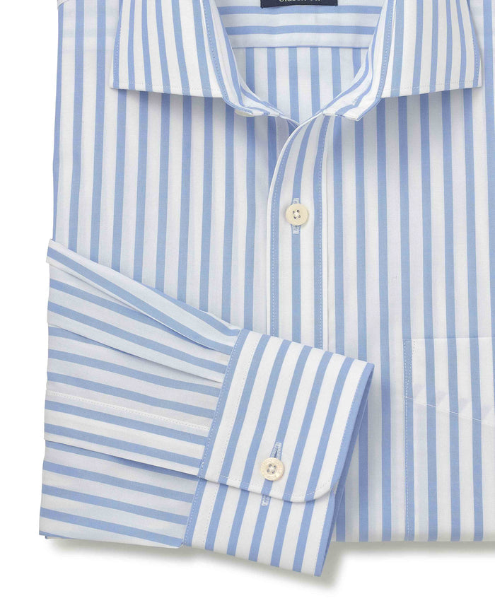 Men's Blue White Stripe Cotton Poplin Classic Fit Formal Shirt With Single Cuffs sleeve detail