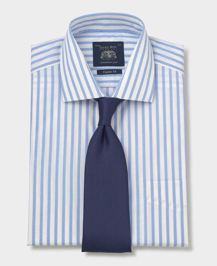 Men's Blue White Stripe Cotton Poplin Classic Fit Formal Shirt With Single Cuffs folded shot