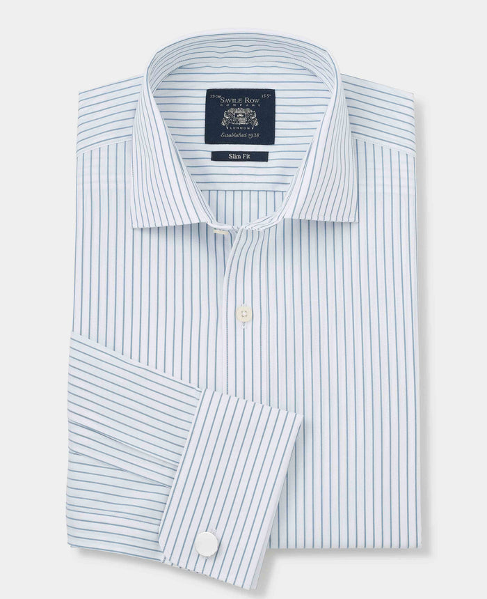 Men's Blue White Stripe Cotton Slim Fit Formal shirt With Double Cuffs folded