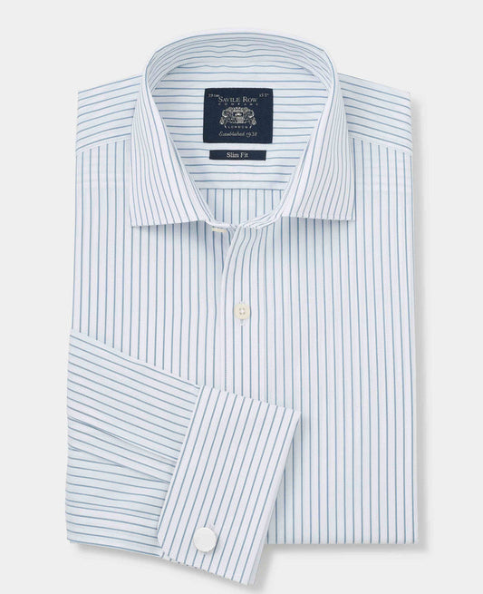 Men's Blue White Stripe Cotton Slim Fit Formal shirt With Double Cuffs folded