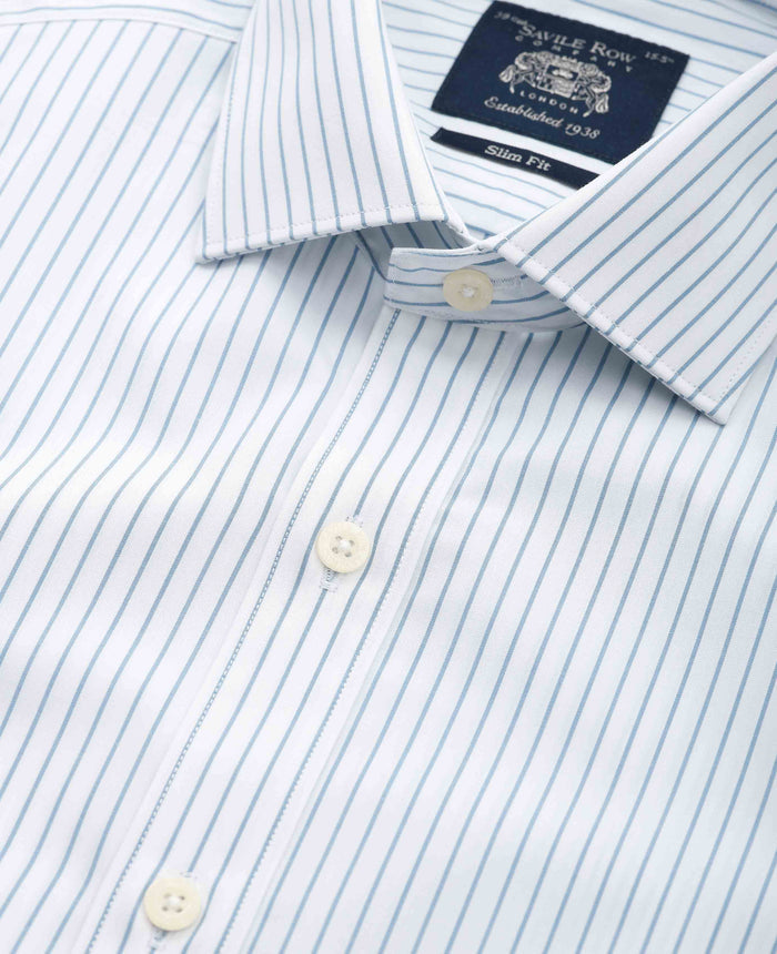 Men's Blue White Stripe Cotton Slim Fit Formal shirt With Double Cuffs collar detail