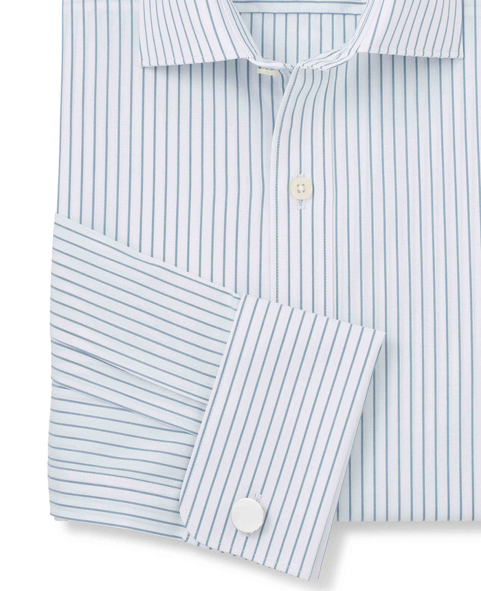 Men's Blue White Stripe Cotton Slim Fit Formal shirt With Double Cuffs sleeve detail