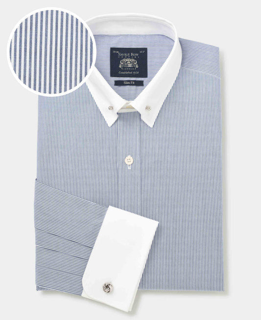 Men's Blue White Stripe Slim Fit Pin Collar Winchester Shirt With Double Cuffs folded shot