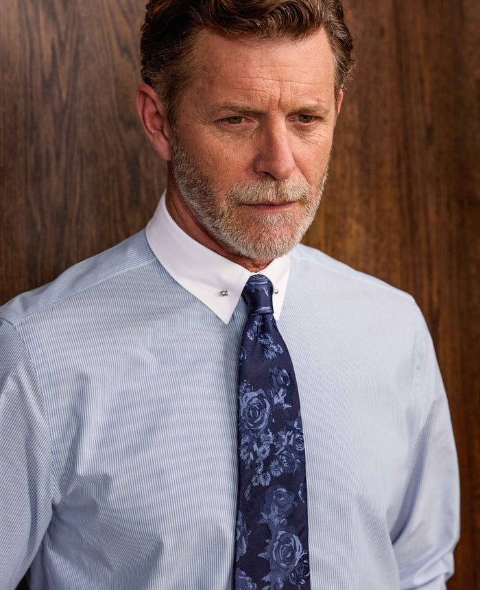 Men's Blue White Stripe Slim Fit Pin Collar Winchester Shirt With Double Cuffs model shot