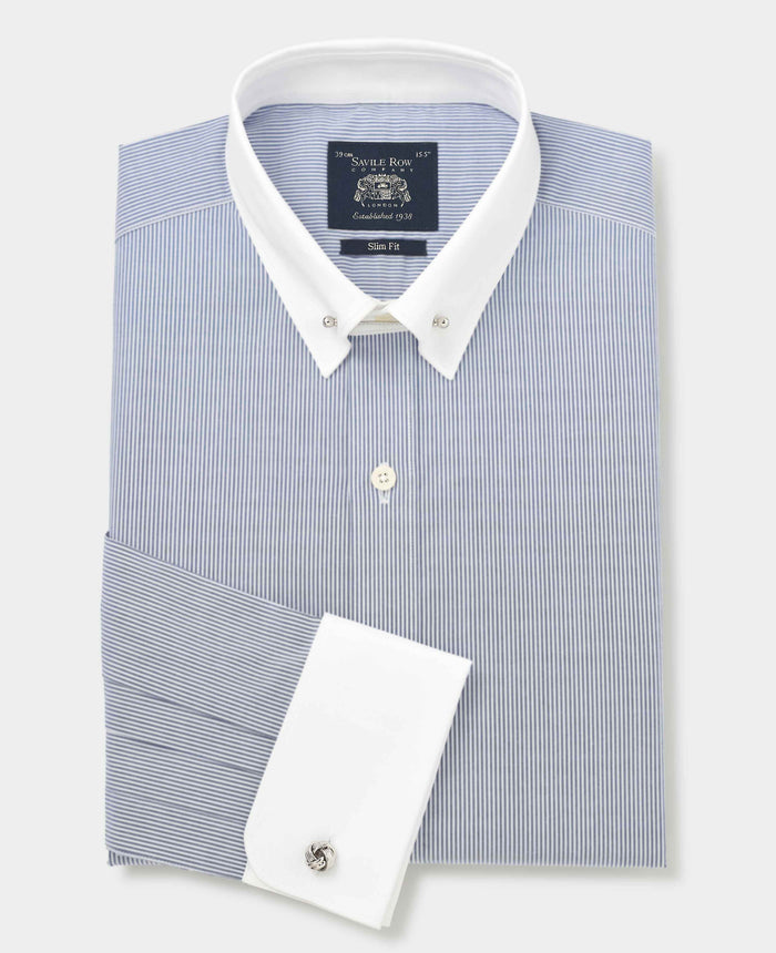 Men's Blue White Stripe Slim Fit Pin Collar Winchester Shirt With Double Cuffs folded shot