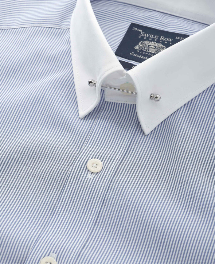 Men's Blue White Stripe Slim Fit Pin Collar Winchester Shirt With Double Cuffs collar detail