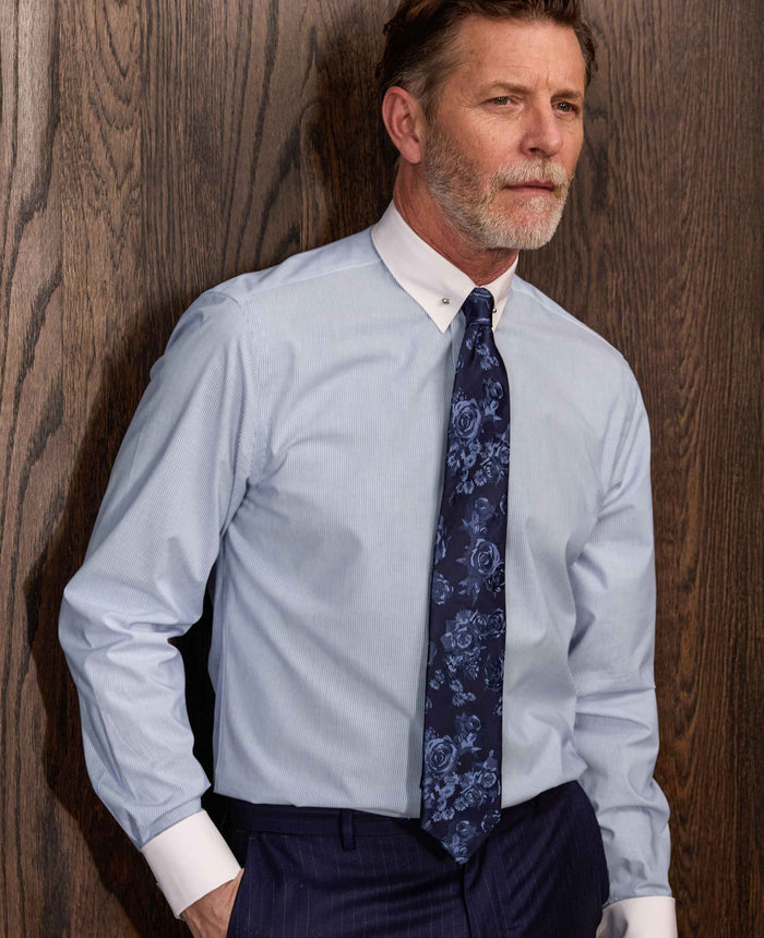 Men's Blue White Stripe Slim Fit Pin Collar Winchester Shirt With Double Cuffs model shot