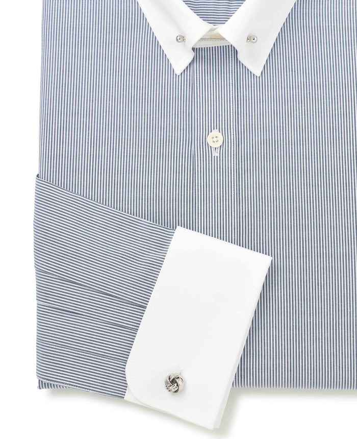 Men's Blue White Stripe Slim Fit Pin Collar Winchester Shirt With Double Cuffs sleeve detail