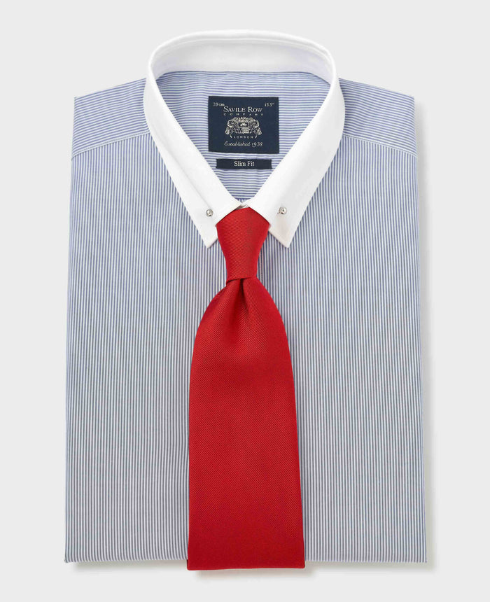 Men's Blue White Stripe Slim Fit Pin Collar Winchester Shirt With Double Cuffs folded shot