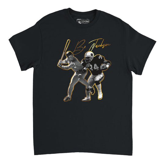 A black colored vintage, souvenir Bo Jackson t-shirt with the iconic American professional baseball and football player's name written in gold, italicized letters, two images of him - one with a bat playing baseball, the other running with a football in his number 34 jersey - in the center of the shirt, celebrating the ony professional athlete to be named an All-Star in two major American sports.