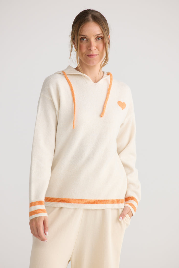 Home Love Bold Hearts Knit Hoodie in Off White with Orange | Women's Clothing | Gretel Lane