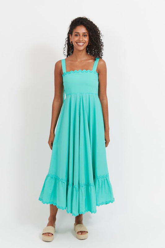 Haven Brasilia Tie Maxi Dress in Mint | Mint Green Cotton Maxi Dress with Ric-Rac Trim Square Necklines and Hem and Tie Shoulder Straps | Women's Clothing Australia