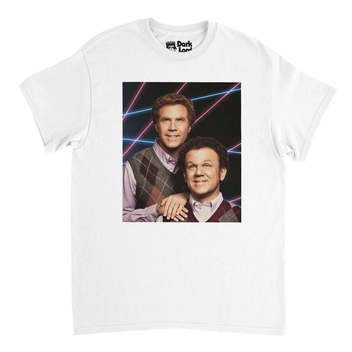 A retro, white colored 80s style t-shirt with the image of two men wearing lilac shirts and sweater vests, the background multiple pink and blue laser beams. References the hilarious comedy 2008 movie "Step Brothers" starring Will Ferrell as Brennan and Adam Scott as Derek, two middle aged losers who live at home with their parents.