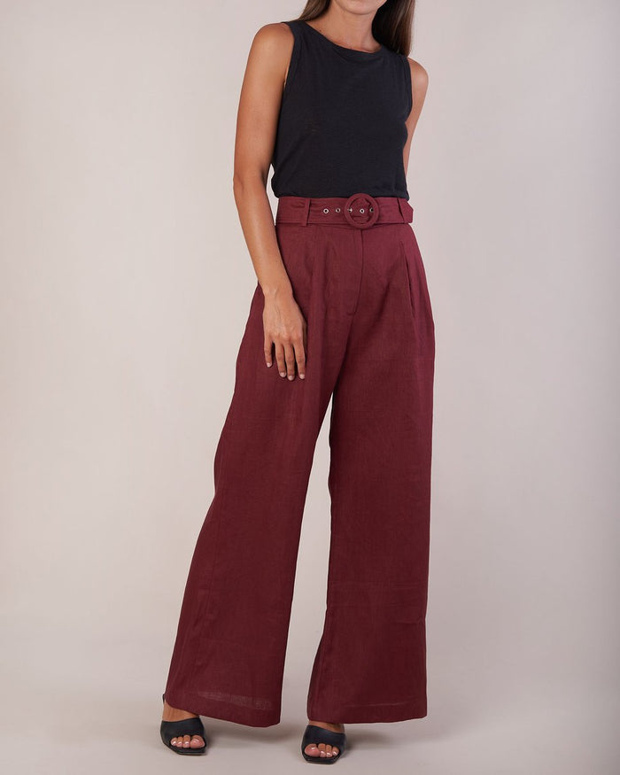 Bridgette Merlot Linen Wide Leg Pants belted waist