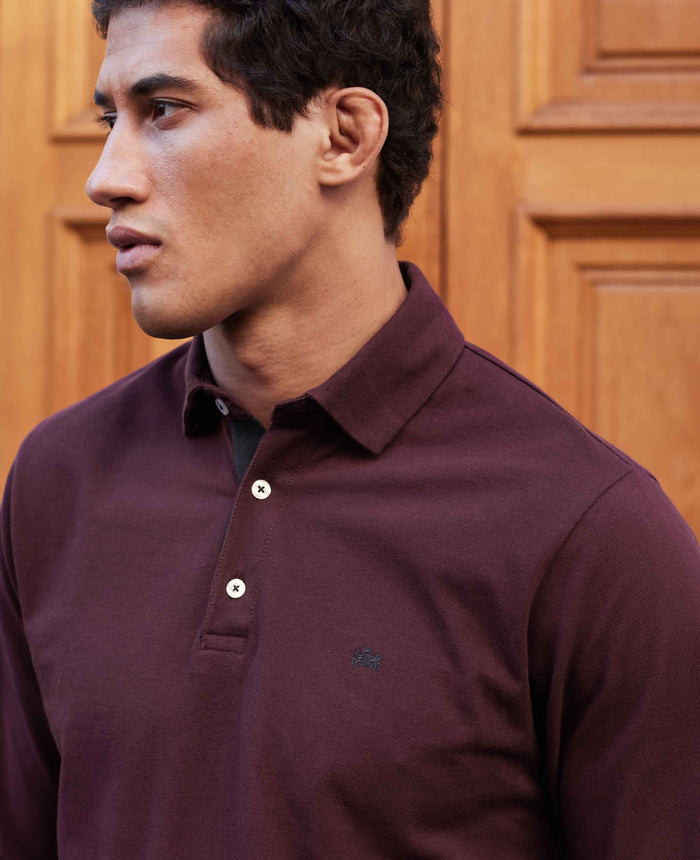 Men's Burgundy Cotton Pique Long Sleeve Polo Shirt model shot