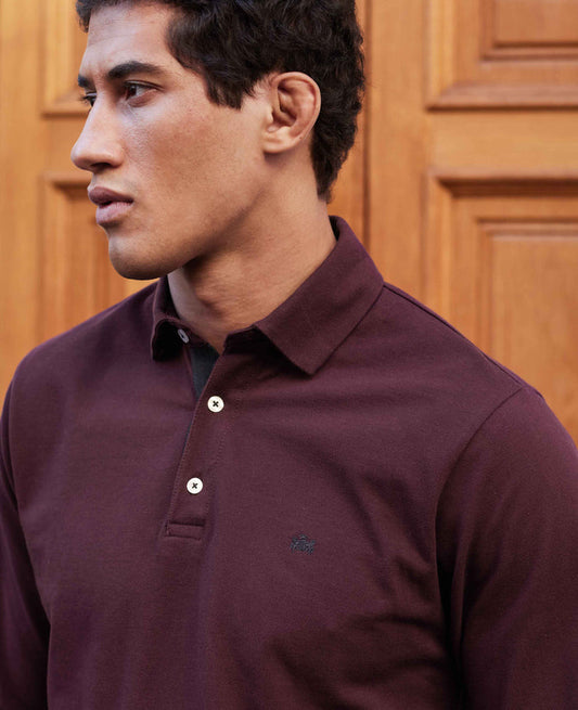 Men's Burgundy Cotton Pique Long Sleeve Polo Shirt model shot
