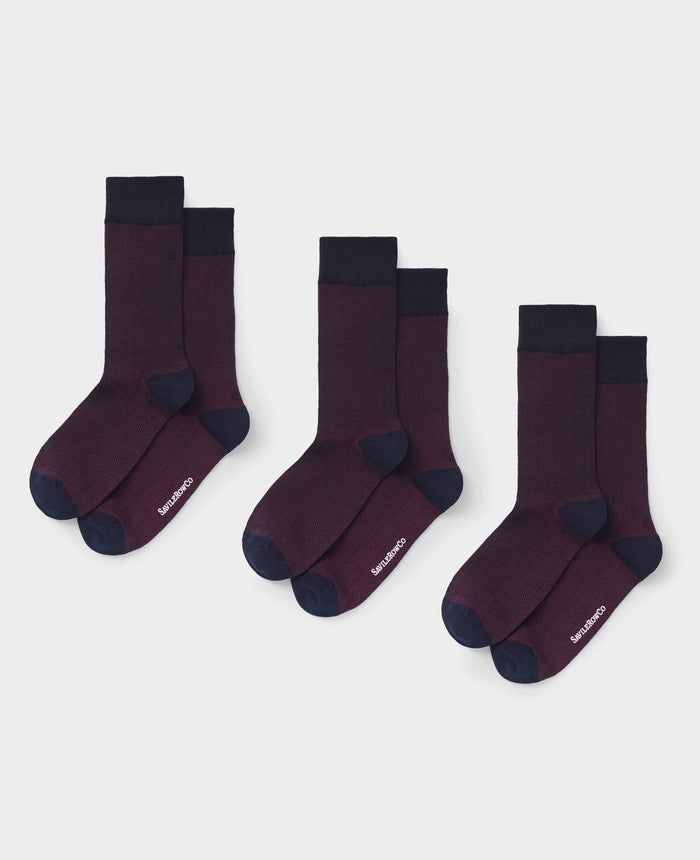 Men's Burgundy Cotton Rich Herringbone Three Pack Socks unfolded view