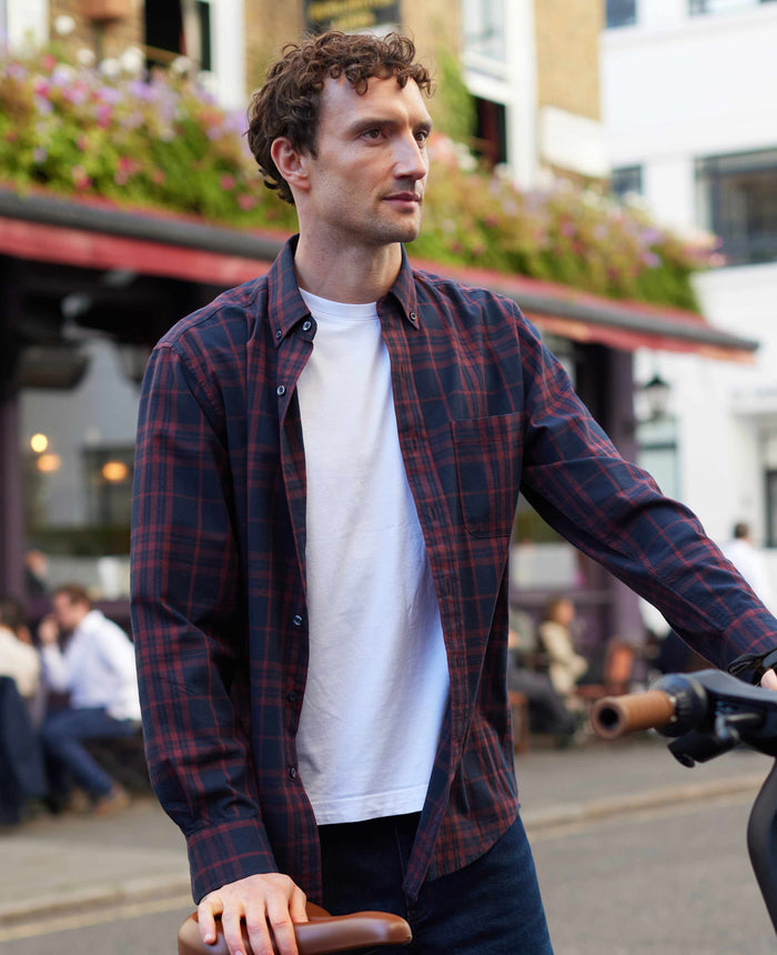 Men's Burgundy Navy Brushed Cotton Check Classic Fit Button-Down Casual Shirt model shot