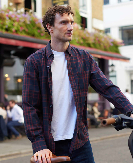 Men's Burgundy Navy Brushed Cotton Check Classic Fit Button-Down Casual Shirt model shot